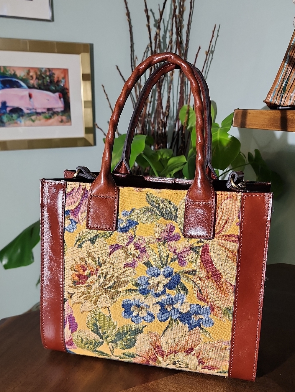 Patricia Nash Yellow Floral Tapestry Tote with Brown Leather Trim